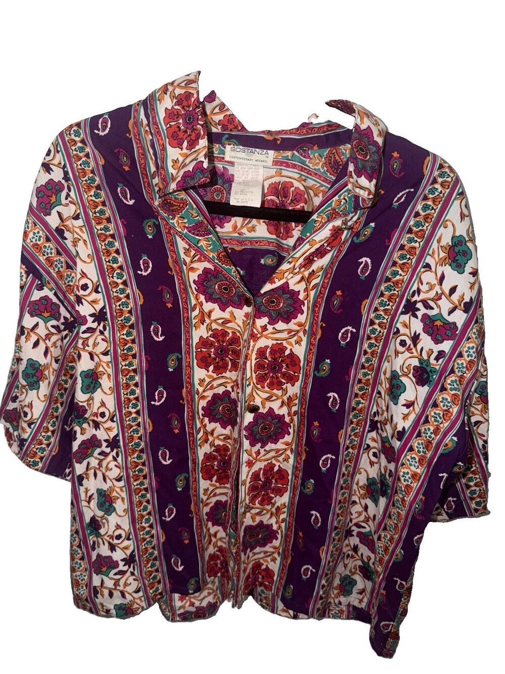 vibrant vintage Sostanza short-sleeve button-down Paisley Floral Medium (AE13)